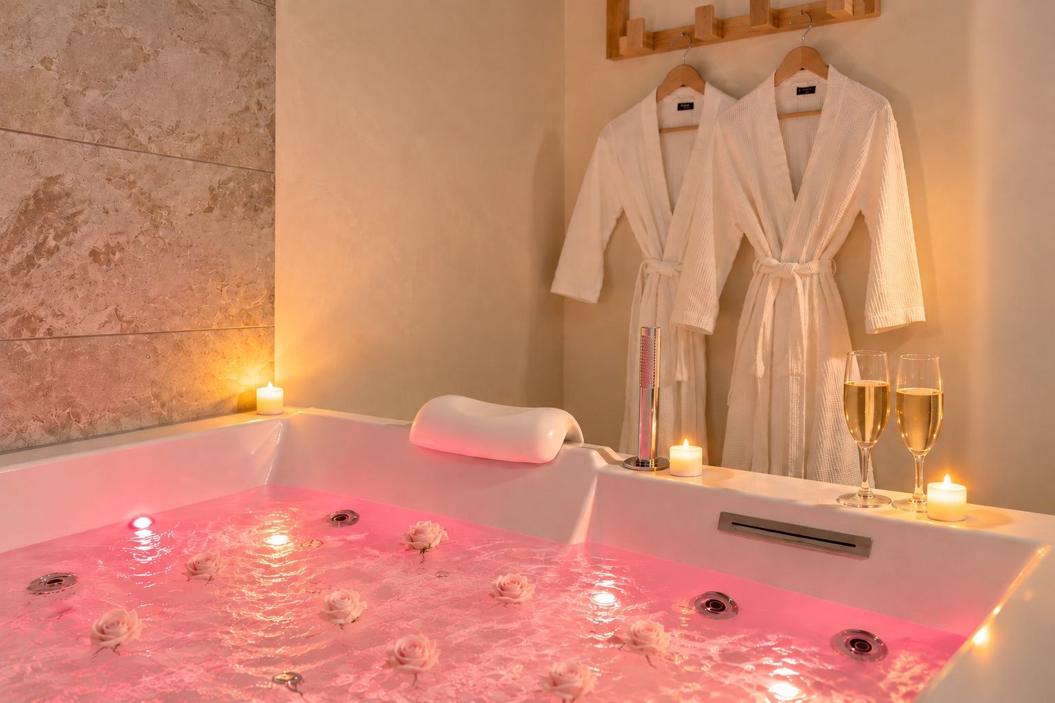 Balnéothérapie privative avec eau rose, peignoirs et deux coupes